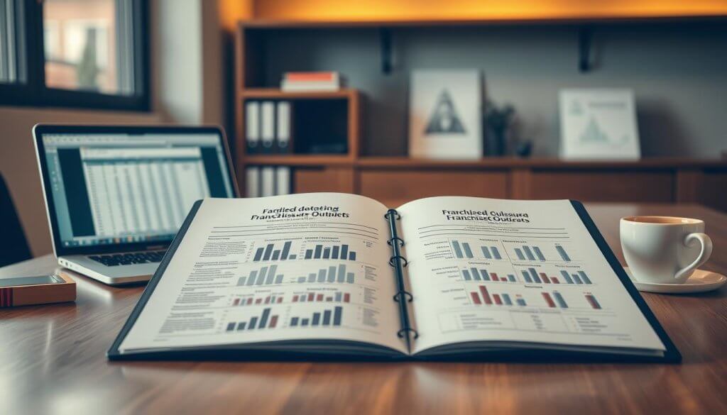 An office workspace featuring a detailed disclosure document outlining the status of franchised outlets, prominently displayed on a sleek wooden desk. In the foreground, a well-organized folder with the document partially open, showcasing charts and graphs illustrating closures, transfers, and turnover statistics. A laptop in the background displays a spreadsheet, and a cup of coffee sits nearby. The lighting is soft and focused, creating a professional atmosphere with warm, inviting tones. The middle ground features a modest bookshelf with industry books, and a large window provides natural light. The overall mood is analytical and serious, reflecting a focus on business evaluation and strategy. An office workspace featuring a detailed disclosure document outlining the status of franchised outlets, prominently displayed on a sleek wooden desk. In the foreground, a well-organized folder with the document partially open, showcasing charts and graphs illustrating closures, transfers, and turnover statistics. A laptop in the background displays a spreadsheet, and a cup of coffee sits nearby. The lighting is soft and focused, creating a professional atmosphere with warm, inviting tones. The middle ground features a modest bookshelf with industry books, and a large window provides natural light. The overall mood is analytical and serious, reflecting a focus on business evaluation and strategy.