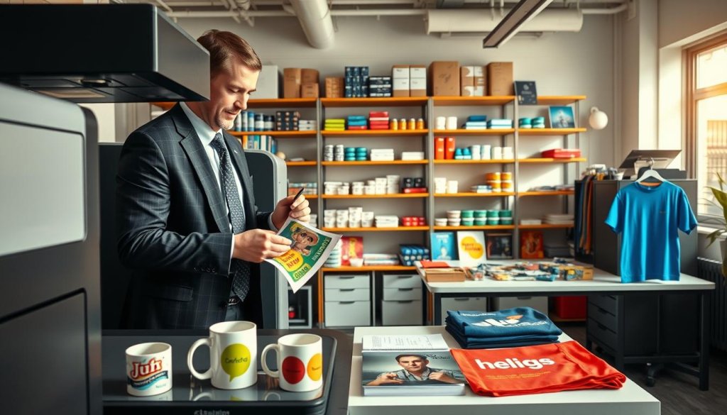 A bright, modern office setting showcasing the process of printing promotional products. In the foreground, a professional individual in business attire operates a high-tech printer, extruding colorful promotional items like branded mugs and custom T-shirts. In the middle ground, a well-organized workspace is visible with sample products displayed on a table, alongside vibrant marketing materials. The background features shelves filled with various printing supplies and equipment, bathed in soft, natural lighting that enhances the vibrant colors of the products. The atmosphere conveys innovation and professionalism, emphasizing the importance of identifying key revenue streams in a franchise context. The scene is captured with a slight overhead angle to provide a comprehensive view of the workspace.