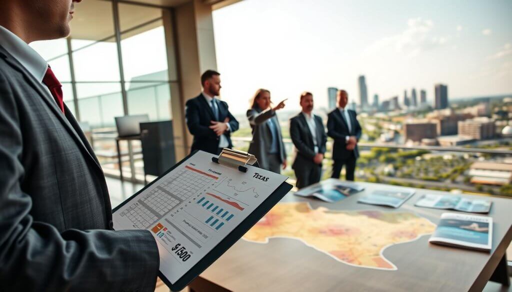 A business professional in a sharp suit stands confidently at a Texas location, surveying potential franchise sites. In the foreground, a clipboard with graphs and statistics on unit economics is being held, showcasing financial insights. The middle ground features a diverse group of business people engaged in discussion, pointing towards a map of Texas spread on a table filled with franchise brochures and investment data. The background shows a cityscape of Texas, with iconic elements like bluebonnets and Texan architecture under a bright, sunny sky. Soft, natural lighting enhances the professional atmosphere, while a wide-angle lens captures the collaborative spirit of evaluating franchise opportunities. The mood is focused and optimistic, embodying strategic decision-making in franchise investment.