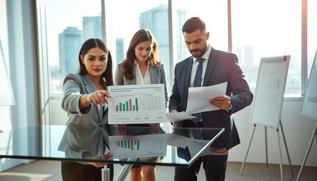 A business setting illustrating common pitfalls in evaluating property expenses, featuring a diverse group of three professionals in a modern conference room. In the foreground, a focused woman in professional attire points at a detailed financial chart on a sleek glass table, highlighting key issues. In the middle, a man in a suit listens attentively while reviewing paperwork, depicting analysis of occupancy costs. The background reveals a large window showcasing a city skyline, with sunlight streaming in, creating a bright and optimistic atmosphere. The lighting is natural and ambient, with soft shadows enhancing the professional mood. A subtle hint of a whiteboard with notes can be seen to the side, adding context to their discussion while maintaining a clean, minimalist aesthetic.