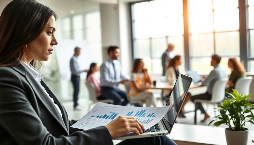 A business setting illustrating the concept of turnover impact on finances. In the foreground, a professional woman in business attire is analyzing charts and graphs on a laptop, her expression contemplative. The middle layer shows a diverse team of employees engaged in discussions and brainstorming session, reflecting collaboration and the challenge of high turnover. In the background, a clean, modern office space with large windows allowing natural light to flood in, casting soft shadows. The scene conveys a mood of introspection and urgency, highlighting the financial consequences of employee turnover on a franchise. Use soft, diffused lighting for a professional atmosphere, focusing on a slight depth of field to draw attention to the foreground. A business setting illustrating the concept of turnover impact on finances. In the foreground, a professional woman in business attire is analyzing charts and graphs on a laptop, her expression contemplative. The middle layer shows a diverse team of employees engaged in discussions and brainstorming session, reflecting collaboration and the challenge of high turnover. In the background, a clean, modern office space with large windows allowing natural light to flood in, casting soft shadows. The scene conveys a mood of introspection and urgency, highlighting the financial consequences of employee turnover on a franchise. Use soft, diffused lighting for a professional atmosphere, focusing on a slight depth of field to draw attention to the foreground.