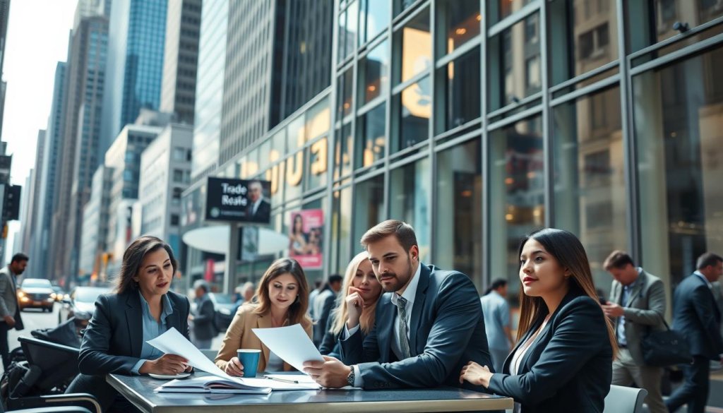 A bustling New York City scene depicting a professional business environment focusing on franchise registration. In the foreground, a diverse group of business professionals in business attire is gathered around a table with trade documents, a laptop, and a coffee cup, discussing the registration process. In the middle ground, iconic NYC architecture, such as skyscrapers and storefronts, hints at the vibrant urban atmosphere. The background shows a modern building with glass windows reflecting the bustling activity of the street. The lighting is bright and natural, capturing the energy of a clear day, while the angle is slightly elevated, giving an overview of the collaboration. The mood is focused yet optimistic, showcasing ambition and professionalism in the heart of the city. A bustling New York City scene depicting a professional business environment focusing on franchise registration. In the foreground, a diverse group of business professionals in business attire is gathered around a table with trade documents, a laptop, and a coffee cup, discussing the registration process. In the middle ground, iconic NYC architecture, such as skyscrapers and storefronts, hints at the vibrant urban atmosphere. The background shows a modern building with glass windows reflecting the bustling activity of the street. The lighting is bright and natural, capturing the energy of a clear day, while the angle is slightly elevated, giving an overview of the collaboration. The mood is focused yet optimistic, showcasing ambition and professionalism in the heart of the city.