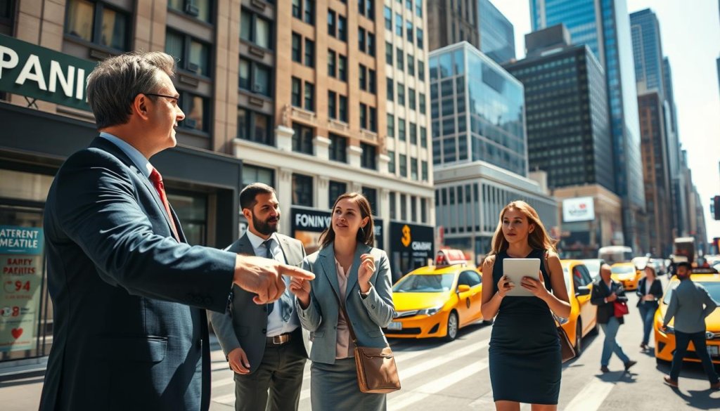 A bustling New York City street scene focused on a diverse group of business professionals engaged in a conversation about franchise opportunities. In the foreground, a man in a tailored suit points towards a nearby franchise storefront, while a woman in a smart dress holds a tablet, taking notes. The middle ground features iconic New York architecture with a mix of modern and historic buildings, showcasing a thriving urban environment. The background is filled with the hustle and bustle of pedestrians and yellow taxis, under a bright, clear sky, casting vibrant sunlight. The overall mood is dynamic and optimistic, emphasizing the potential of franchise ownership in a competitive market, captured with a wide-angle lens to create depth. A bustling New York City street scene focused on a diverse group of business professionals engaged in a conversation about franchise opportunities. In the foreground, a man in a tailored suit points towards a nearby franchise storefront, while a woman in a smart dress holds a tablet, taking notes. The middle ground features iconic New York architecture with a mix of modern and historic buildings, showcasing a thriving urban environment. The background is filled with the hustle and bustle of pedestrians and yellow taxis, under a bright, clear sky, casting vibrant sunlight. The overall mood is dynamic and optimistic, emphasizing the potential of franchise ownership in a competitive market, captured with a wide-angle lens to create depth.