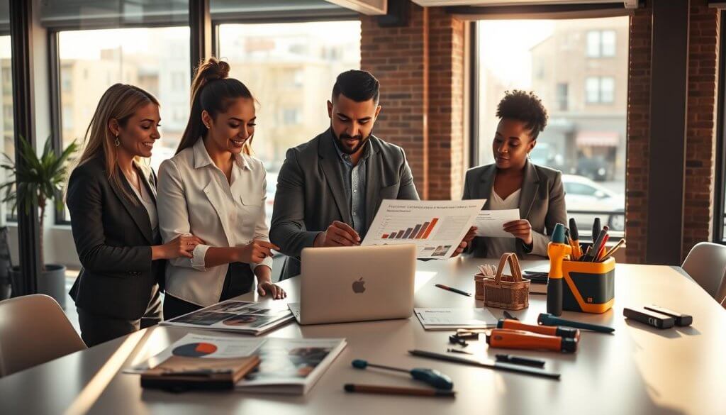 A busy home services franchise office, showcasing a professional atmosphere. In the foreground, a diverse team of three individuals—one Caucasian woman in a smart business outfit, one Hispanic man in a collared shirt, and one Black woman in a blazer—are collaborating over a laptop, examining charts and graphics. The middle ground features a sleek conference table with promotional materials about home services and various tools neatly arranged. In the background, large windows let in warm, natural light, revealing a bustling neighborhood. Soft shadows create a welcoming ambiance. The angle captures the team's engaged expressions, conveying determination and focus, while the overall mood is energetic and optimistic, reflecting the potential of the home services franchise industry. A busy home services franchise office, showcasing a professional atmosphere. In the foreground, a diverse team of three individuals—one Caucasian woman in a smart business outfit, one Hispanic man in a collared shirt, and one Black woman in a blazer—are collaborating over a laptop, examining charts and graphics. The middle ground features a sleek conference table with promotional materials about home services and various tools neatly arranged. In the background, large windows let in warm, natural light, revealing a bustling neighborhood. Soft shadows create a welcoming ambiance. The angle captures the team's engaged expressions, conveying determination and focus, while the overall mood is energetic and optimistic, reflecting the potential of the home services franchise industry.