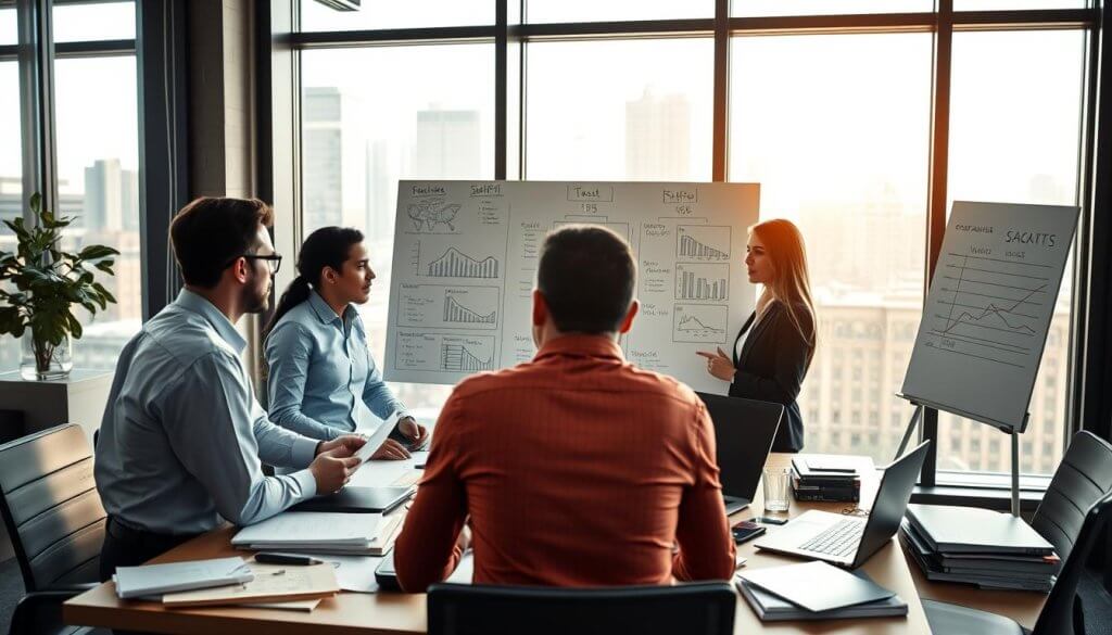 A busy office environment focused on assessing operational realities and staffing in a franchise setting. In the foreground, a diverse group of three professionals — two men and one woman — dressed in smart business attire, engage in a discussion around a conference table cluttered with documents and laptops. The middle ground features a large whiteboard filled with charts and staffing diagrams, indicating operational metrics and staffing needs. In the background, large windows reveal a city skyline, allowing natural, warm lighting to pour into the room, creating an atmosphere of productivity and collaboration. Use a wide-angle lens to capture the depth of the office space, emphasizing professionalism and teamwork. The overall mood should convey focus and strategic planning.