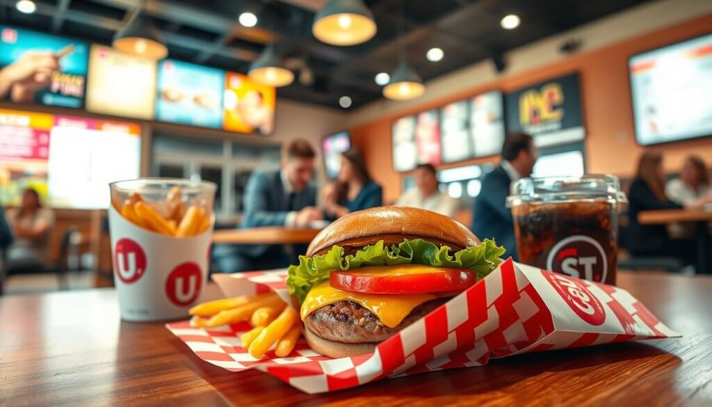 A close-up view of a vibrant fast food restaurant setting, featuring a well-lit interior with colorful menu boards in the background. In the foreground, a glossy burger with melted cheese, fresh lettuce, and a juicy tomato is placed on a red and white checked paper wrapper, alongside crispy golden fries in a branded carton. A cold, frothy soda in a disposable cup sits beside them, catching the light. The middle ground includes blurred figures of diverse customers—dressed in business casual attire—happily enjoying their meals at wooden tables. Bright, warm lighting creates an inviting atmosphere, emphasizing the contemporary decor. The angle captures depth, focusing on the appetizing food while hinting at the bustling restaurant environment behind. A close-up view of a vibrant fast food restaurant setting, featuring a well-lit interior with colorful menu boards in the background. In the foreground, a glossy burger with melted cheese, fresh lettuce, and a juicy tomato is placed on a red and white checked paper wrapper, alongside crispy golden fries in a branded carton. A cold, frothy soda in a disposable cup sits beside them, catching the light. The middle ground includes blurred figures of diverse customers—dressed in business casual attire—happily enjoying their meals at wooden tables. Bright, warm lighting creates an inviting atmosphere, emphasizing the contemporary decor. The angle captures depth, focusing on the appetizing food while hinting at the bustling restaurant environment behind.