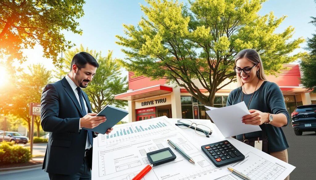 A collage depicting the initial investment for restaurants, showcasing diverse elements of startup costs. In the foreground, a businessman in professional attire discusses plans with a cheerful restaurant owner, both examining a tablet displaying financial graphs. The middle ground features a layout of kitchen equipment, furniture, and a drive-thru window blueprint, surrounded by a calculator and paperwork, symbolizing budgeting. The background illustrates a bright, inviting exterior of a fast-food restaurant with a drive-thru sign, bathed in warm, natural sunlight. Lively green trees frame the scene, enhancing the sense of potential and opportunity. The overall atmosphere is optimistic and focused, emphasizing planning and investment in a successful restaurant venture.