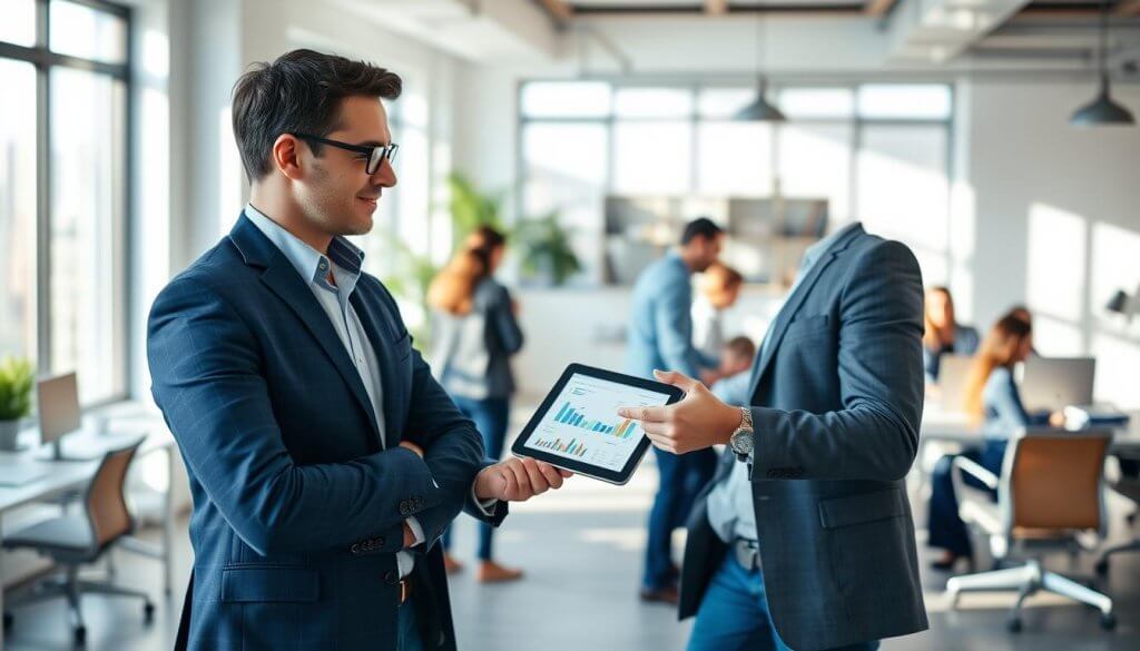 A confident and approachable general manager stands in an open office space, dressed in smart casual business attire, exuding trust and leadership. In the foreground, the manager is engaged in conversation with a team member, focusing on a tablet showcasing graphs and reports. The middle background features a bright and modern workspace, with diverse employees collaborating at desks and around a conference table, highlighting teamwork and productivity. Soft, natural lighting pours in through large windows, casting gentle shadows that create a warm atmosphere. The image is shot from a slightly elevated angle, emphasizing the open environment while capturing the dynamics of effective management. Overall, the mood reflects professionalism, approachability, and a strong commitment to building trust within a team.