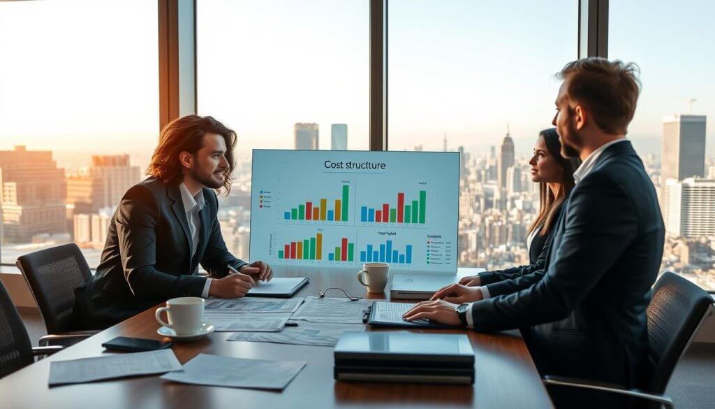 A corporate office setting featuring a diverse group of four professionals, two men and two women, deeply engaged in a discussion around a digital presentation highlighting cost structure metrics. In the foreground, a table holds financial documents, laptops, and coffee cups, suggesting a collaborative work environment. In the middle, the group is depicted in professional business attire, with expressions of focus and determination. The background showcases a large window with a panoramic view of a bustling city skyline bathed in warm afternoon light, illuminating the room. Use a slightly elevated angle to capture the depth of the meeting space, creating a feeling of productivity and strategic planning. The atmosphere should be energetic and focused, emphasizing teamwork and financial management.