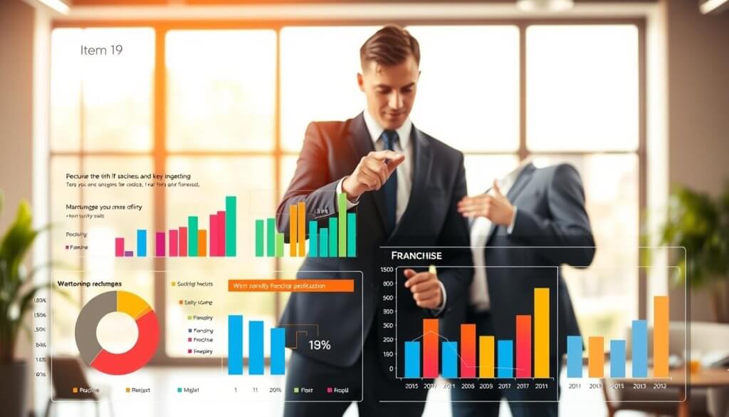 A detailed and insightful forecast visualization representing "Item 19". In the foreground, a stylized infographic displaying key metrics from a franchise's performance data, including visual elements like pie charts and bar graphs in vivid colors. In the middle ground, a professional businessperson in smart attire analyzes the data, pointing at the graphs with a focused expression. In the background, a softly blurred office setting with large windows allowing natural light to fill the space, creating a bright and optimistic atmosphere. The scene has warm, inviting tones, designed to inspire confidence in financial decision-making. Capture this from a slightly elevated angle to emphasize the interaction with the data and the professionalism of the environment.