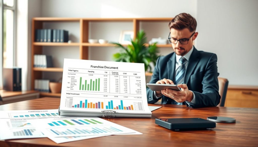 A detailed and professional illustration of a financial report focused on Item 19 of a Franchise Disclosure Document (FDD). In the foreground, there are neatly organized charts and graphs highlighting key financial data, such as revenue, profit margins, and initial investment costs, displayed on a sleek wooden desk. In the middle ground, a business professional in formal attire studies the financial documents, with a focused expression, using a high-end calculator. In the background, soft-focus shelves lined with business books and a potted plant provide a corporate atmosphere. The lighting is bright and natural, coming from a large window, creating an inviting and analytical mood. The composition should invoke a sense of clarity and professionalism, suitable for a financial analysis context.