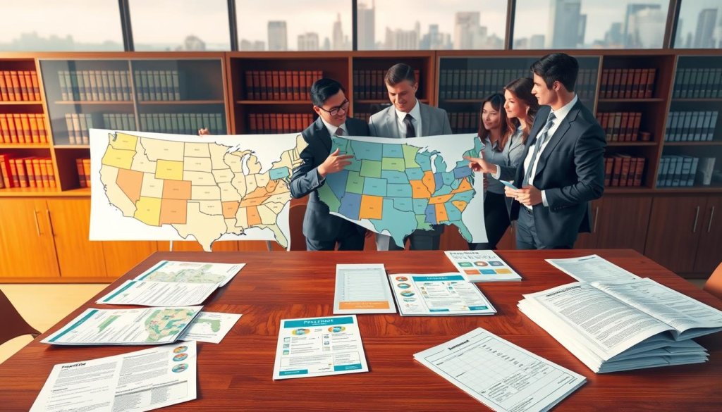 A detailed and visually rich illustration representing franchise registration states in the United States. In the foreground, a polished wooden table displays various franchise documents, including maps, application forms, and state-specific brochures. In the middle, a diverse group of three professional individuals, two men and one woman, dressed in smart business attire, discuss the content of the documents while pointing at a large, colorful map of the U.S. that highlights the franchise registration states. The background features a well-lit office environment with shelves of legal books and a window showcasing a city skyline, creating a sense of professionalism and depth. Soft, ambient lighting gives the scene a welcoming atmosphere, while a slight perspective from an upper angle captures the entire setup and the engaged expressions of the individuals.