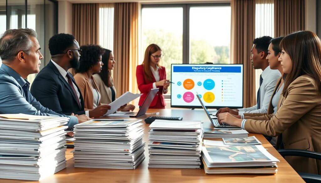 A detailed office setting focused on regulatory compliance for education franchises. In the foreground, a diverse group of professionals in smart business attire are engaged in a discussion around a large conference table, with documents and laptops open. One person is pointing to a colorful infographic on a screen highlighting potential risks and market challenges. The middle ground features stacks of educational materials and brochures that showcase franchise opportunities. In the background, a large window allows natural light to flood the room, casting soft shadows. The color palette is warm and inviting, creating a collaborative atmosphere, while the overall mood conveys seriousness and professionalism, emphasizing the importance of compliance in the education franchise sector.