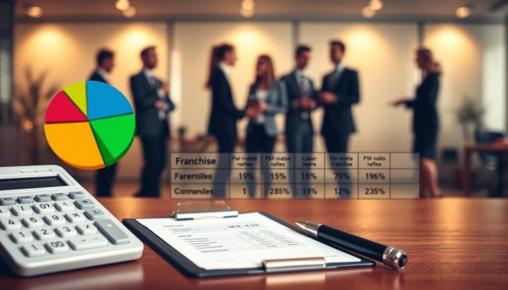 A detailed, professional infographic depicting labor cost percentages associated with franchises. In the foreground, showcase a calculator, a pie chart illustrated with vibrant colors representing different labor cost allocations, and a clipboard with a checklist. In the middle ground, create a table format displaying various franchise sectors, each with corresponding labor percentage figures. In the background, suggest an office environment with blurred outlines of business professionals in smart attire engaged in discussion, illuminated by soft, warm lighting to create a focused yet inviting atmosphere. The angle should be slightly elevated to give a comprehensive view, emphasizing clarity and organization in the presentation of data. A detailed, professional infographic depicting labor cost percentages associated with franchises. In the foreground, showcase a calculator, a pie chart illustrated with vibrant colors representing different labor cost allocations, and a clipboard with a checklist. In the middle ground, create a table format displaying various franchise sectors, each with corresponding labor percentage figures. In the background, suggest an office environment with blurred outlines of business professionals in smart attire engaged in discussion, illuminated by soft, warm lighting to create a focused yet inviting atmosphere. The angle should be slightly elevated to give a comprehensive view, emphasizing clarity and organization in the presentation of data.