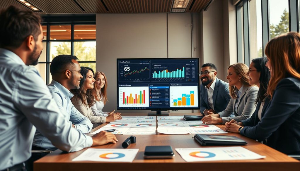 A dynamic business environment showcasing a franchise location performance analysis. In the foreground, a diverse group of professional individuals, dressed in modern business attire, are engaged in a lively discussion around a table filled with charts and graphs depicting unit performance metrics. The middle ground features a large screen displaying vibrant data visualizations, highlighting key performance indicators and trends. In the background, a sleek, contemporary office setting includes large windows letting in warm, natural light, creating an optimistic atmosphere. The scene conveys collaboration, ambition, and the pursuit of excellence in franchise management, captured from a slightly elevated angle for a broader perspective. Focused lighting accentuates the individuals' expressions and the vibrancy of the data on display.