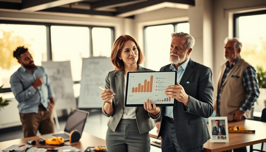 A dynamic scene depicting a diverse team of professionals collaborating on strategies for scaling home services. In the foreground, a middle-aged woman in smart casual business attire presents a digital tablet, showcasing growth charts and service expansion plans. To her left, a young man notes ideas on a whiteboard, while an older man observes thoughtfully, embodying a mentor figure. In the middle ground, office desks are adorned with tools like tape measures and product brochures, illustrating the home services industry. The background features large windows that let in warm sunlight, creating an optimistic atmosphere. A soft focus enhances the professionalism, while the overall mood conveys teamwork, innovation, and growth in a modern office setting. The angle captures the action from slightly above, emphasizing the collaborative spirit and determination in scaling the business. A dynamic scene depicting a diverse team of professionals collaborating on strategies for scaling home services. In the foreground, a middle-aged woman in smart casual business attire presents a digital tablet, showcasing growth charts and service expansion plans. To her left, a young man notes ideas on a whiteboard, while an older man observes thoughtfully, embodying a mentor figure. In the middle ground, office desks are adorned with tools like tape measures and product brochures, illustrating the home services industry. The background features large windows that let in warm sunlight, creating an optimistic atmosphere. A soft focus enhances the professionalism, while the overall mood conveys teamwork, innovation, and growth in a modern office setting. The angle captures the action from slightly above, emphasizing the collaborative spirit and determination in scaling the business.