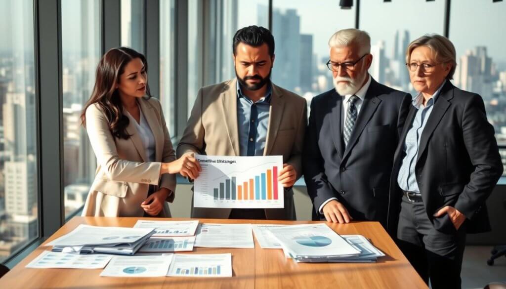 A group of three diverse franchise owners standing in a modern office space, each dressed in professional business attire, showing expressions of concern and contemplation. The foreground features a large table with financial documents and charts spread out, symbolizing analysis and evaluation. In the middle, the owners are engaged in a serious discussion, with one gesturing towards a chart that highlights competitive disadvantages. The background showcases large windows with a view of a bustling city, symbolizing the competitive marketplace. The lighting is bright and natural, casting soft shadows, enhancing the contemplative mood. The overall atmosphere conveys a sense of urgency and strategic deliberation in the face of external challenges. A group of three diverse franchise owners standing in a modern office space, each dressed in professional business attire, showing expressions of concern and contemplation. The foreground features a large table with financial documents and charts spread out, symbolizing analysis and evaluation. In the middle, the owners are engaged in a serious discussion, with one gesturing towards a chart that highlights competitive disadvantages. The background showcases large windows with a view of a bustling city, symbolizing the competitive marketplace. The lighting is bright and natural, casting soft shadows, enhancing the contemplative mood. The overall atmosphere conveys a sense of urgency and strategic deliberation in the face of external challenges.
