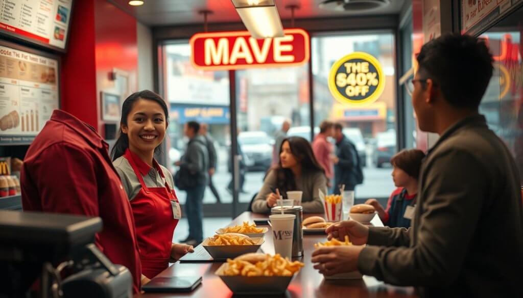 A minimum wage fast food scene set in a bustling urban environment, capturing a late afternoon vibe. In the foreground, a cashier in a neat, modest red uniform stands at the register, smiling, with the menu visible behind them featuring affordable meal options. The middle ground shows a diverse group of customers, including a young family and a couple of college students, engaged in conversation at a table filled with burgers and fries. In the background, large windows reveal a busy street, with pedestrians passing by and a bright neon sign promoting discounts. Warm, soft lighting creates an inviting atmosphere, while the lens captures a slight depth of field, focusing on the interaction between the employees and customers, emphasizing the everyday hustle of fast food life. A minimum wage fast food scene set in a bustling urban environment, capturing a late afternoon vibe. In the foreground, a cashier in a neat, modest red uniform stands at the register, smiling, with the menu visible behind them featuring affordable meal options. The middle ground shows a diverse group of customers, including a young family and a couple of college students, engaged in conversation at a table filled with burgers and fries. In the background, large windows reveal a busy street, with pedestrians passing by and a bright neon sign promoting discounts. Warm, soft lighting creates an inviting atmosphere, while the lens captures a slight depth of field, focusing on the interaction between the employees and customers, emphasizing the everyday hustle of fast food life.