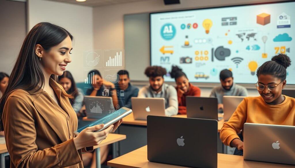 A modern classroom setting filled with diverse students engaged in virtual learning. In the foreground, a young woman in professional casual attire interacts with a tablet, displaying holographic charts of technology trends. In the middle ground, seated students of various ethnicities collaborate on laptops, showcasing online educational platforms. The background features a digital whiteboard displaying animated graphics of emerging technology, such as AI, VR, and online learning tools. Soft, warm lighting enhances the inviting atmosphere, while a slight lens flare adds a dynamic touch. The scene conveys an energetic and innovative mood, emphasizing the adaptability and future of education through technology.
