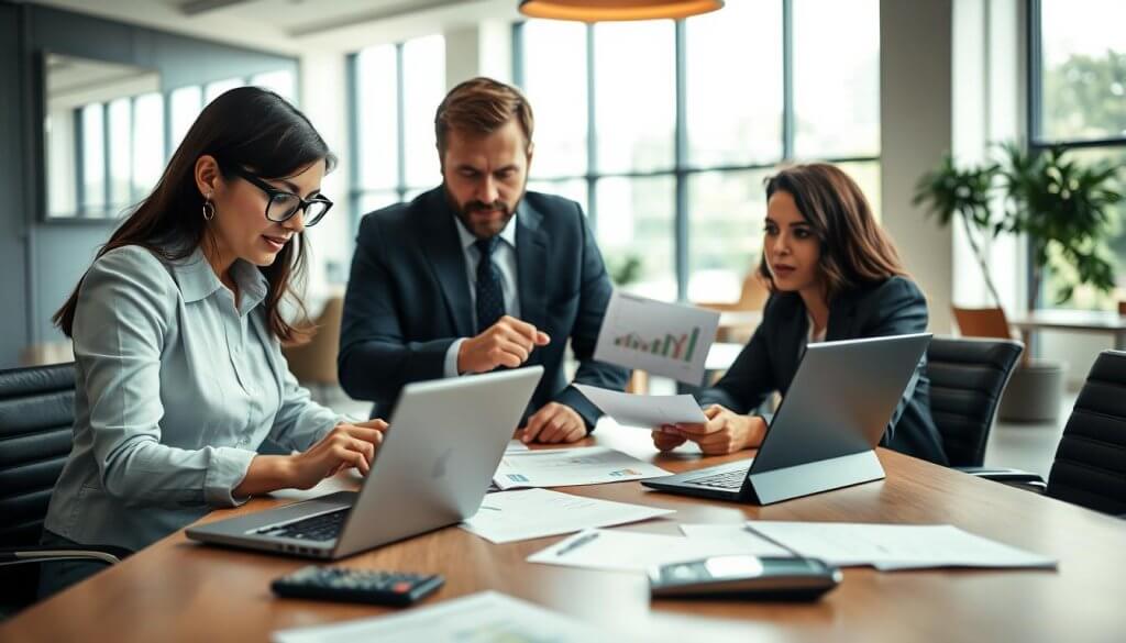 A modern office environment featuring a diverse group of three professionals engaged in a lively discussion around a large conference table. In the foreground, a focused woman in smart business attire is analyzing financial graphs and charts on a laptop, while a man, dressed in a suit, points to a document with critical data. The middle ground includes scattered papers and a calculator, emphasizing the analysis of unit economics. The background reveals a bright, minimalistic office with large windows allowing natural light to pour in, creating an inviting atmosphere. The mood is focused and collaborative, capturing the essence of due diligence in an investment context. Use a shallow depth of field to draw attention to the interaction while blurring the background slightly.