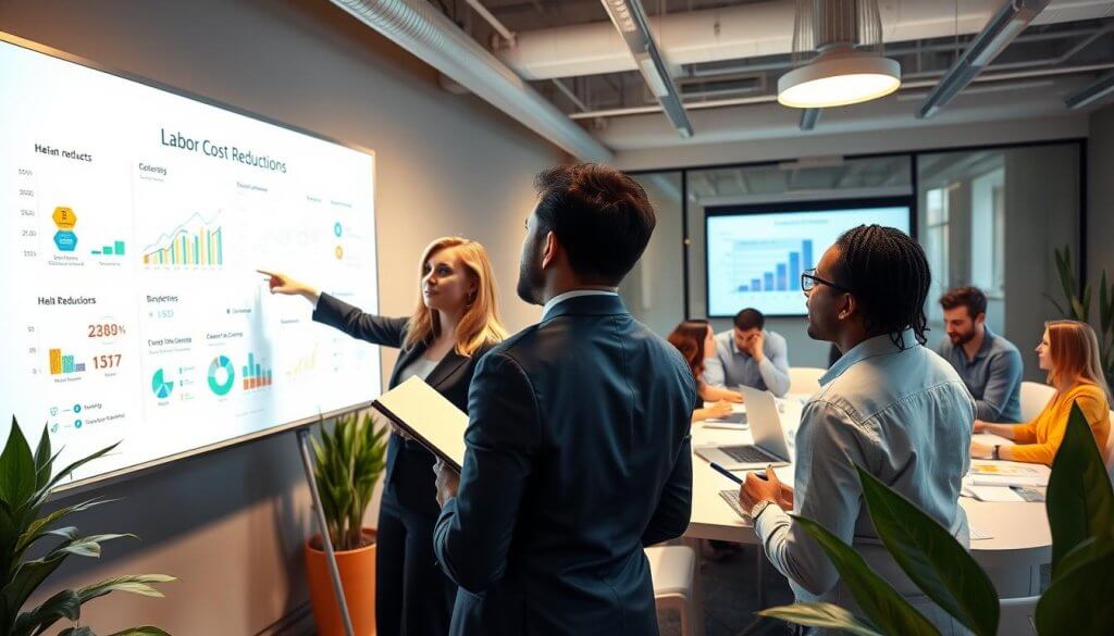 A modern office environment showcasing a collaborative meeting between diverse professionals dressed in business attire, strategizing on a whiteboard filled with charts and graphs. In the foreground, a confident woman points at a graph illustrating cost reductions, while a man takes notes intently. The middle ground features a digital presentation screen displaying various labor cost reduction strategies, with clear visuals and icons. In the background, a lively team discussion takes place at a sleek conference table adorned with laptops and documents. The atmosphere is vibrant and focused, with warm lighting highlighting the excitement of innovation and teamwork. The scene is captured with a wide-angle lens, emphasizing engagement and collaboration, surrounded by plants for a touch of freshness. A modern office environment showcasing a collaborative meeting between diverse professionals dressed in business attire, strategizing on a whiteboard filled with charts and graphs. In the foreground, a confident woman points at a graph illustrating cost reductions, while a man takes notes intently. The middle ground features a digital presentation screen displaying various labor cost reduction strategies, with clear visuals and icons. In the background, a lively team discussion takes place at a sleek conference table adorned with laptops and documents. The atmosphere is vibrant and focused, with warm lighting highlighting the excitement of innovation and teamwork. The scene is captured with a wide-angle lens, emphasizing engagement and collaboration, surrounded by plants for a touch of freshness.