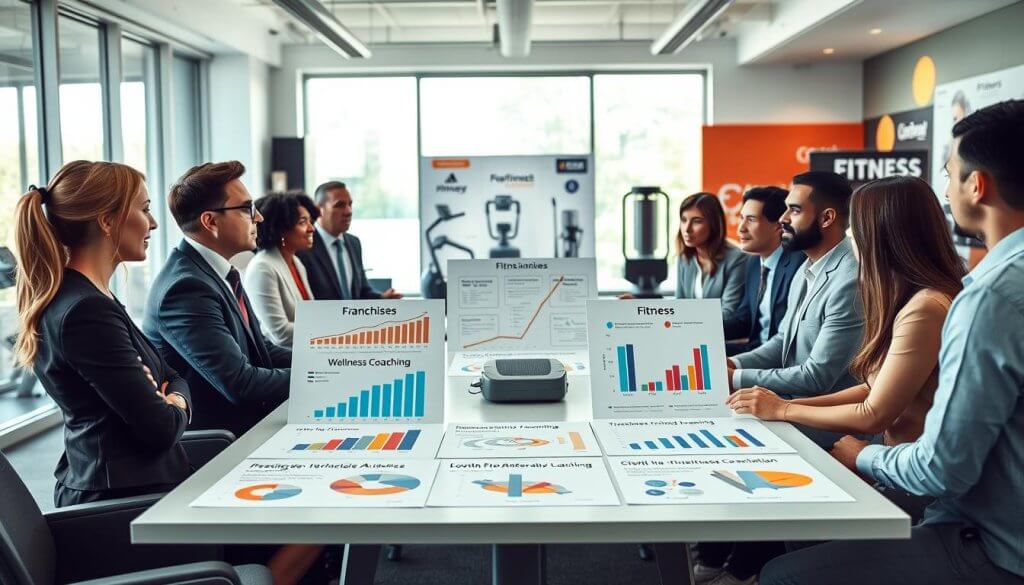 A modern office environment symbolizing various fitness business models. In the foreground, a diverse group of professionals in business attire engage in a discussion around a sleek conference table filled with charts illustrating different fitness models, like franchises, personal training, and wellness coaching. In the middle ground, large windows allow natural light to pour in, highlighting flip charts and visuals depicting growth trends and comparisons among brands. The background features a stylish display of fitness equipment and branding materials, emphasizing innovation in fitness ventures. Use bright, motivating colors to create an atmosphere of ambition and clarity, with soft lighting to ensure a professional yet inviting feel. Capture the scene from a slightly elevated angle for depth.