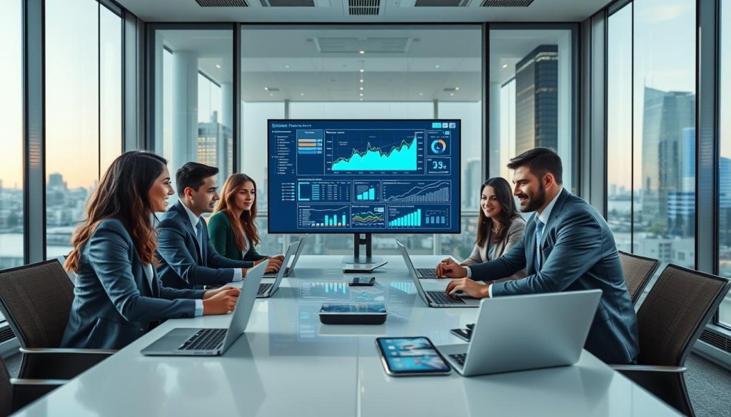 A modern office space bathed in soft, ambient lighting, showcasing sleek technology devices like laptops, tablets, and monitors displaying financial graphs and software interfaces. In the foreground, a diverse team of professionals in business attire is gathered around a conference table, their expressions focused and engaged as they discuss franchise financial projections. The middle of the scene features a large digital screen that visualizes complex financial data and analytic software. In the background, large windows reveal a bustling city skyline, emphasizing a dynamic and forward-looking atmosphere. The lens captures a slightly elevated angle, offering a comprehensive view of the collaborative environment, while the overall mood is one of innovation, precision, and teamwork in leveraging technology for financial accuracy.