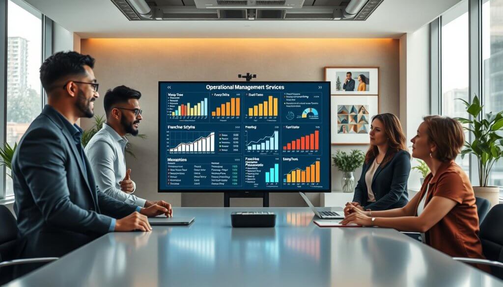 A modern office space depicting various operational management styles in home services. In the foreground, a diverse group of three professionals—two men and one woman—are engaged in a collaborative meeting around a sleek conference table, dressed in smart business attire. The middle ground showcases a large digital presentation screen displaying graphs and charts related to franchise performance and management strategies. In the background, large windows let in warm natural light, illuminating a minimalist design with potted plants and modern artwork, creating an inviting yet professional atmosphere. The camera angle captures the professionals from a slightly elevated position, emphasizing teamwork and strategic planning. The overall mood is dynamic and focused, reflecting the importance of effective management in the home services sector. A modern office space depicting various operational management styles in home services. In the foreground, a diverse group of three professionals—two men and one woman—are engaged in a collaborative meeting around a sleek conference table, dressed in smart business attire. The middle ground showcases a large digital presentation screen displaying graphs and charts related to franchise performance and management strategies. In the background, large windows let in warm natural light, illuminating a minimalist design with potted plants and modern artwork, creating an inviting yet professional atmosphere. The camera angle captures the professionals from a slightly elevated position, emphasizing teamwork and strategic planning. The overall mood is dynamic and focused, reflecting the importance of effective management in the home services sector.
