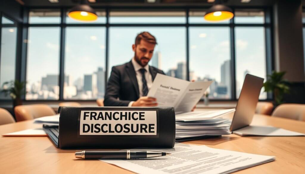 A professional and contemporary office setting with an open desk, showcasing essential documents for franchise disclosure. In the foreground, neatly organized papers and a binder labeled "Franchise Disclosure" are prominently displayed, along with a stylish pen and a laptop. The middle ground features a business person in professional attire, examining the documents with a focused expression, symbolizing due diligence and careful consideration. In the background, a large window lets in natural light, creating an optimistic atmosphere while a city skyline is visible outside. The lighting is soft and warm, enhancing the sense of professionalism. The overall mood is serious yet inviting, emphasizing the importance of informed decision-making in franchise investments. A professional and contemporary office setting with an open desk, showcasing essential documents for franchise disclosure. In the foreground, neatly organized papers and a binder labeled "Franchise Disclosure" are prominently displayed, along with a stylish pen and a laptop. The middle ground features a business person in professional attire, examining the documents with a focused expression, symbolizing due diligence and careful consideration. In the background, a large window lets in natural light, creating an optimistic atmosphere while a city skyline is visible outside. The lighting is soft and warm, enhancing the sense of professionalism. The overall mood is serious yet inviting, emphasizing the importance of informed decision-making in franchise investments.