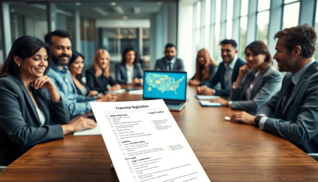A professional business environment showcasing a conference table surrounded by diverse individuals in business attire, focused on franchise registration. In the foreground, a detailed document with a checklist of franchise registration requirements, including sections like “State Filing Fees,” “Disclosure Documents,” and “Legal Considerations.” The middle ground features a laptop displaying a map of the United States, highlighting various states. The background has a bright, modern office with large windows letting in natural light, conveying a sense of clarity and professionalism. The mood is focused and collaborative, emphasizing the importance of understanding franchise regulations. Soft, diffused lighting highlights the subjects while maintaining a corporate atmosphere.