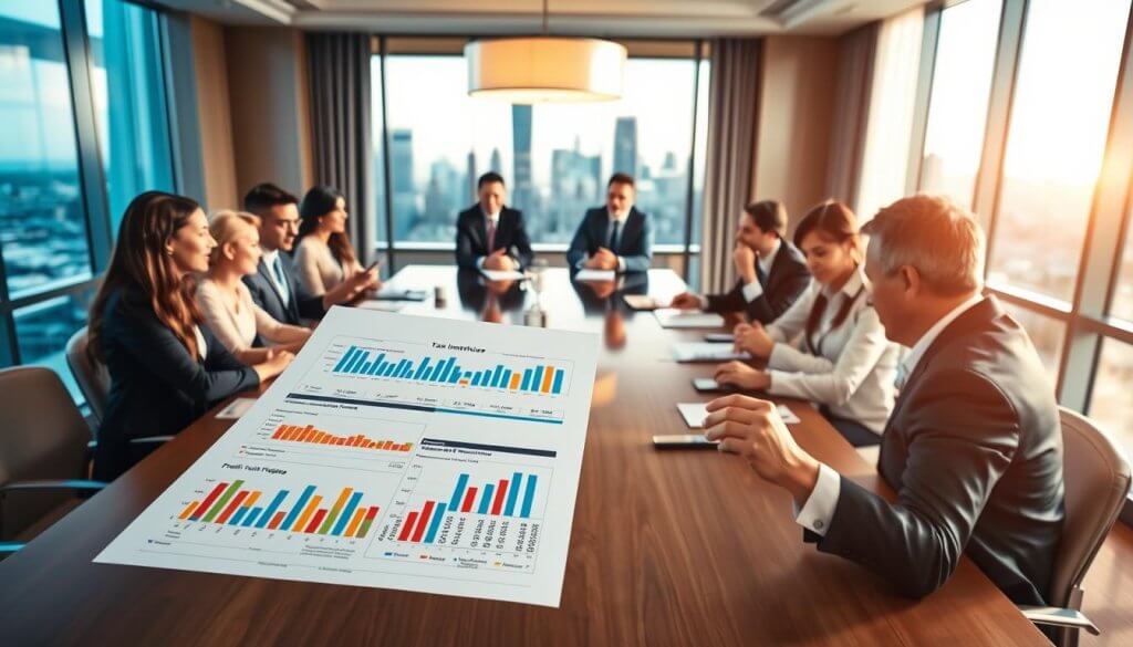 A professional business meeting in an elegant conference room, showcasing a large table surrounded by diverse business people in professional attire, enthusiastically discussing charts and graphs displaying tax incentives and profit margins. In the foreground, a detailed financial document highlighting franchise tax incentives, with colorful charts and graphs. The middle ground features a prominent window revealing a bright city skyline, symbolizing growth and opportunity. In the background, soft lighting enhances the atmosphere, creating a focus on collaboration and strategic planning. The overall mood is optimistic and energetic, conveying a sense of excitement about franchise opportunities in favorable tax environments, captured from a slightly elevated angle to emphasize the meeting dynamics.