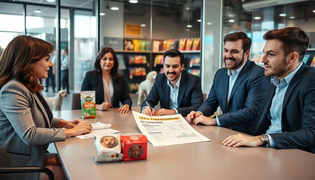 A professional business meeting scene focused on pet franchising. In the foreground, a diverse group of three individuals, a woman in a smart blazer, a man in a business suit, and a casual-dressed entrepreneur, are discussing a document featuring pet franchise costs and demand. They are seated around a sleek conference table, which has pet-themed merchandise samples, such as pet food bags and toys, artfully placed. The middle ground showcases a large window revealing a bustling pet store in the background, filled with happy customers and pets. Soft, natural lighting filters in, creating an inviting atmosphere. The camera angle is slightly elevated to capture both the engaged discussion and the lively store, conveying a sense of opportunity and collaboration in the pet franchise industry.