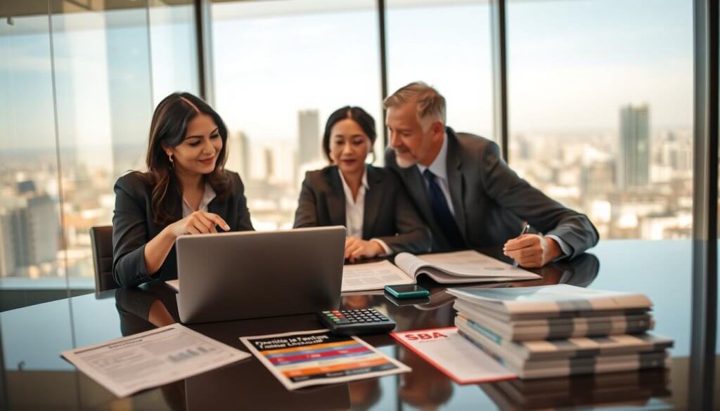 A professional business meeting scene focused on securing SBA financing for franchise resale. In the foreground, a diverse group of three adults in business attire—two women and one man—are seated at a sleek conference table, reviewing documents and discussing plans. One woman, pointing at a laptop screen, shows financial charts while the other nods thoughtfully, jotting notes. In the middle ground, a well-organized arrangement of financial documents, a calculator, and an SBA loan brochure are displayed on the table. The background features a large window with natural light streaming in, showcasing a city skyline. The atmosphere is focused and collaborative, highlighting the importance of navigating the purchase and transfer process in a franchise business. The lighting is warm, with a soft focus, and the image is framed with a slight depth of field to emphasize the main subjects.