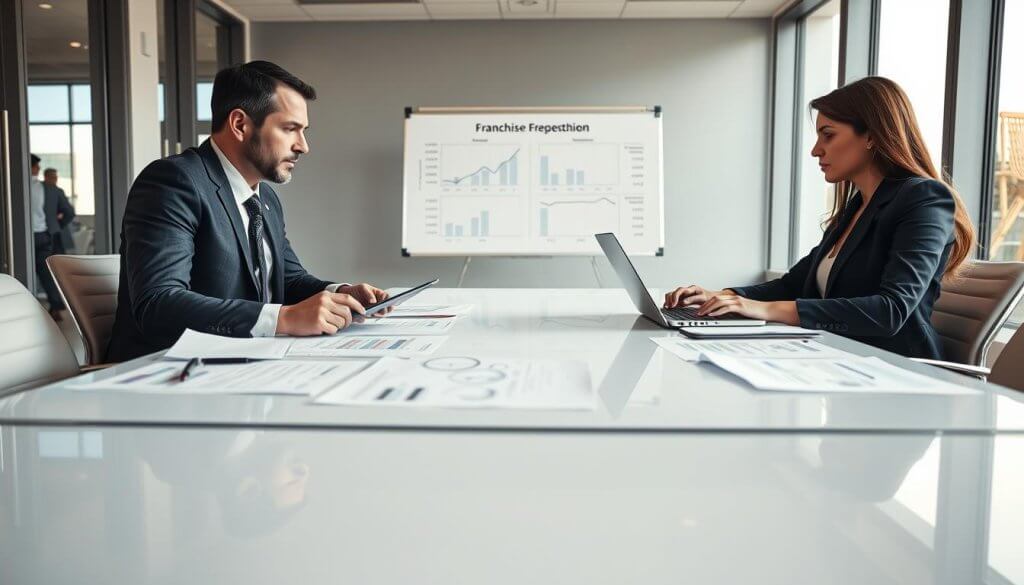 A professional business meeting scene focusing on evaluating the value of a franchise resale. In the foreground, two businesspeople, a man in a tailored suit and a woman in a smart blazer, are seated at a sleek conference table covered with financial documents and charts. They are intently discussing numbers, with calculators and laptops open, conveying a serious yet collaborative atmosphere. In the middle ground, a whiteboard displays graphs representing franchise metrics and valuation strategies. The background features a modern office space with large windows allowing soft, natural light to illuminate the scene, creating a warm and inviting mood. The angle is slightly elevated, capturing both the focused expressions of the individuals and the informative visuals behind them.