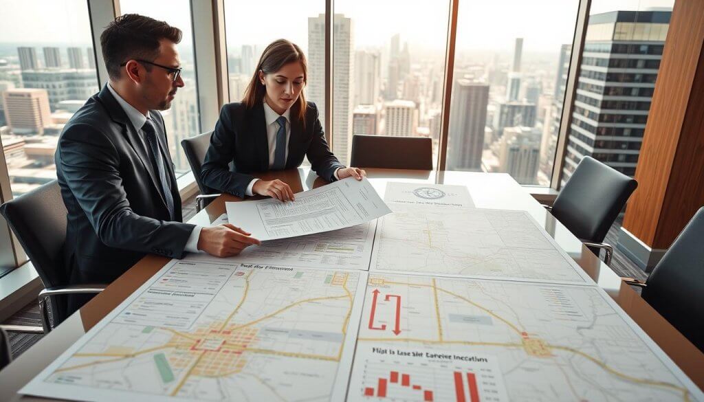 A professional business meeting taking place in a modern conference room, focusing on lease negotiations for franchise site selection. In the foreground, two business professionals—one male and one female—are engaged in a discussion over a large contract document, both dressed in smart business attire. The middle ground features a large table covered with maps and charts illustrating traffic patterns, income data, and competitor locations. In the background, floor-to-ceiling windows show a bustling cityscape, giving a sense of the vibrant market landscape. Bright, natural light fills the room, emphasizing the serious yet optimistic atmosphere of strategic planning. The angle is slightly elevated, providing a comprehensive view of the negotiation process, conveying professionalism and collaboration. A professional business meeting taking place in a modern conference room, focusing on lease negotiations for franchise site selection. In the foreground, two business professionals—one male and one female—are engaged in a discussion over a large contract document, both dressed in smart business attire. The middle ground features a large table covered with maps and charts illustrating traffic patterns, income data, and competitor locations. In the background, floor-to-ceiling windows show a bustling cityscape, giving a sense of the vibrant market landscape. Bright, natural light fills the room, emphasizing the serious yet optimistic atmosphere of strategic planning. The angle is slightly elevated, providing a comprehensive view of the negotiation process, conveying professionalism and collaboration.