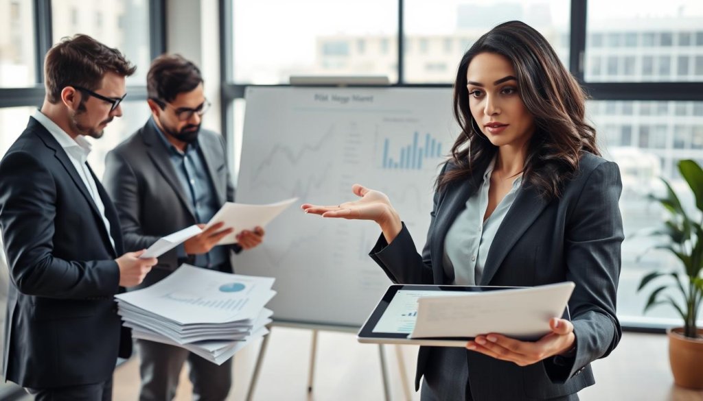 A professional business setting showcasing a diverse group of individuals engaged in a strategic discussion about risk management and financial planning. In the foreground, a confident woman in business attire gestures toward a digital tablet displaying analytics and market trends. To her left, a man with glasses analyzes a stack of paperwork and financial reports, while another colleague reviews a risk assessment chart. The middle ground features a large whiteboard filled with graphs and notes, illustrating key points about contingency planning. In the background, a modern office with large windows allows natural light to flood the space, creating a bright and inspiring atmosphere. The overall mood conveys collaboration, focus, and determination, ideal for financial professionals preparing for potential challenges.