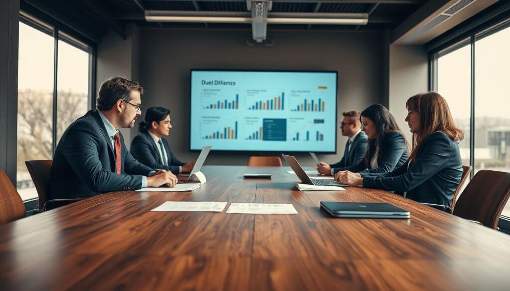 A professional business setting, showcasing an office conference room with a large wooden table surrounded by diverse individuals in business attire engaged in a discussion about franchise resale due diligence. In the foreground, a group of three business professionals, two men and one woman, are examining documents and a laptop, deep in conversation with focused expressions. The middle ground features a large presentation screen displaying graphs and charts related to financial analysis. In the background, large windows let in natural light, illuminating the room and creating a warm atmosphere. The overall mood is serious yet collaborative, emphasizing the importance of careful consideration before making business decisions. The perspective is slightly angled to capture the depth of the room, enhancing the professional ambiance.