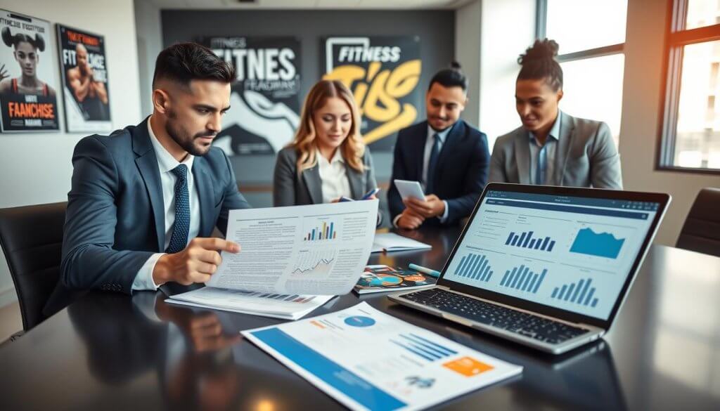 A professional business setting where a diverse group of individuals are engaged in conducting due diligence on a fitness franchise. In the foreground, a well-dressed man and woman, both in business attire, are analyzing a Franchise Disclosure Document (FDD) on a sleek conference table. The middle ground features a large laptop displaying financial charts and franchise data, alongside fitness brand brochures. The background shows a modern office environment with motivational fitness posters on the walls and a large window letting in bright, natural light. The mood is focused and collaborative, with a sense of professionalism, as they discuss key franchise opportunities. The camera angle is slightly elevated, capturing the team in a dynamic perspective.