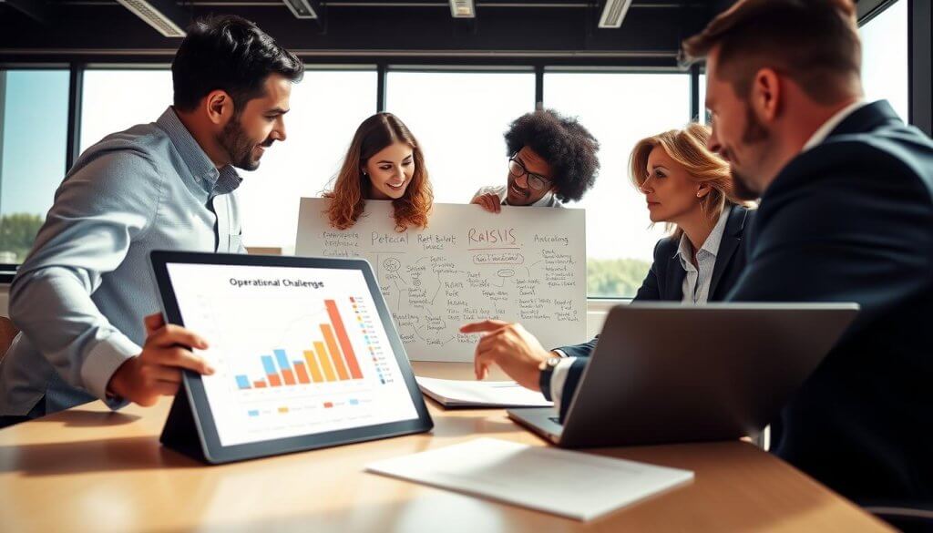 A professional business team engaged in a strategic discussion around a conference table, analyzing charts and data on risk management in the pet franchise industry. In the foreground, a diverse group of four individuals, dressed in business attire, are actively pointing at a digital tablet displaying a graph filled with operational challenges. In the middle ground, a large whiteboard filled with bullet points and brainstorming notes outlines potential risks, while a laptop is open showing a financial analysis. In the background, a large window reveals a sunny day outside, enhancing a positive atmosphere. The lighting is bright and natural, emphasizing a sense of collaboration and focus. The image captures a mood of determination, collaboration, and professionalism, with a soft depth of field to maintain focus on the team.