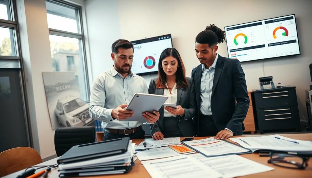 A professional, modern office setting with a focus on vehicle maintenance and compliance management. In the foreground, a diverse group of two professionals, one male and one female, wearing smart business attire, are reviewing vehicle maintenance records on a digital tablet. In the middle, a large desk is cluttered with maintenance schedules, safety compliance documents, and vehicle inspection checklists. The background features a wall-mounted screen displaying real-time vehicle telemetry and compliance dashboards. Soft, ambient lighting creates a productive atmosphere, with natural light streaming in through large windows. The angle captures a slight upward tilt, emphasizing the importance of navigating regulatory and operational risks in the mobile franchise business. The overall mood is focused and diligent, showcasing the professionalism required in this field.