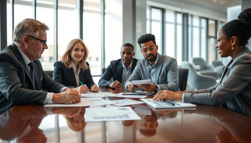 A professional negotiation scene featuring four businesspeople seated around a polished conference table. In the foreground, two individuals—one middle-aged man in a suit and a woman in a smart blouse—are actively discussing terms, with documents and financial graphs spread across the table. The middle ground presents a focused young professional, taking notes, eyes fixed on the discussion, while a diverse man observes, nodding in agreement. The background shows a modern office environment with large windows, letting in soft, natural light that casts gentle shadows. The atmosphere is serious yet collaborative, illustrating the importance of negotiating percentage rent clauses in a retail context. Use a subtle depth of field to emphasize the foreground action, creating a sense of depth and engagement.