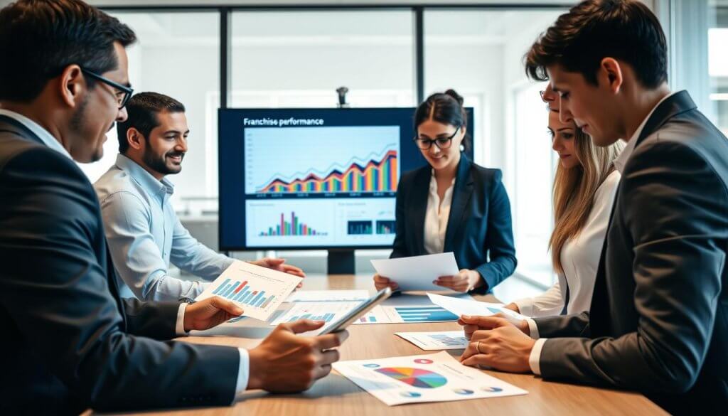 A professional office environment centered around a conference table. In the foreground, a diverse group of four individuals in business attire—two men and two women—are engaged in a discussion, examining charts and performance metrics displayed on a tablet and printed documents. In the middle ground, a large digital screen behind them shows a detailed graph indicating franchise performance trends with colorful data visuals. The background features a modern office design with large windows allowing soft, natural light to illuminate the space, creating a bright and inviting atmosphere. The mood conveys focus and collaboration as they assess financial opportunities in the context of franchise evaluation. Use a slight overhead angle to capture the dynamic interaction among the participants while emphasizing the tools and data at hand.