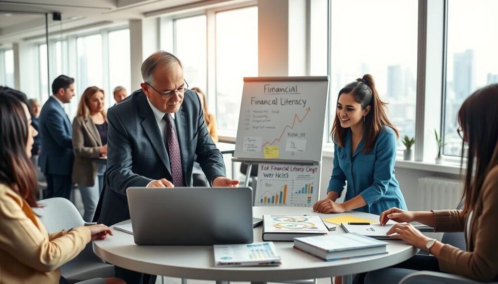 A professional office environment showcasing a diverse group of people engaged in a financial literacy workshop. In the foreground, a middle-aged man in a business suit is explaining a financial concept to a young woman wearing smart casual attire, both leaning over a laptop displaying financial graphs. In the middle, a round table features colorful charts, financial books, and a whiteboard with key financial literacy terms written on it. The background consists of a well-lit office with large windows, allowing natural light to flood the space, hinting at a city skyline. The mood is collaborative and focused, emphasizing the importance of financial education for new franchisees. Use a vibrant color palette with soft shadows to enhance the professional ambiance.