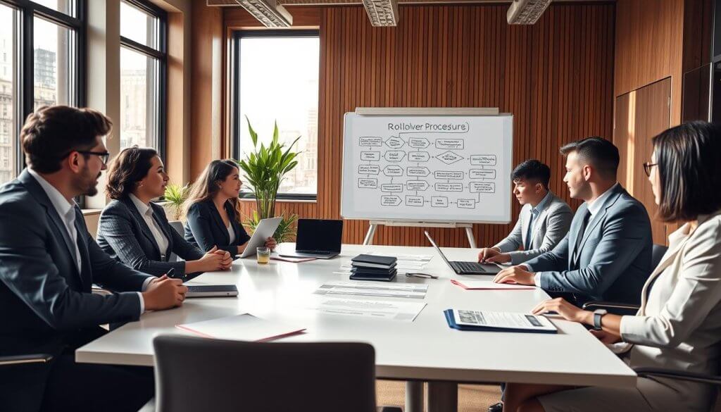 A professional office setting focused on the rollover business process. In the foreground, a diverse group of business professionals in modest business attire, engaged in a discussion, seated around a sleek conference table with laptops and documents. In the middle ground, a whiteboard features flowcharts illustrating step-by-step processes of the rollover procedure. In the background, large windows allow natural light to flood the room, creating a warm and inviting atmosphere. The lighting is bright yet soft, providing clarity without harsh shadows. A few potted plants add a touch of greenery to the scene. The overall mood is focused and collaborative, emphasizing the importance of strategic financial decisions. A professional office setting focused on the rollover business process. In the foreground, a diverse group of business professionals in modest business attire, engaged in a discussion, seated around a sleek conference table with laptops and documents. In the middle ground, a whiteboard features flowcharts illustrating step-by-step processes of the rollover procedure. In the background, large windows allow natural light to flood the room, creating a warm and inviting atmosphere. The lighting is bright yet soft, providing clarity without harsh shadows. A few potted plants add a touch of greenery to the scene. The overall mood is focused and collaborative, emphasizing the importance of strategic financial decisions.