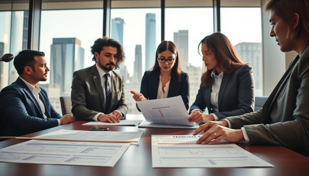 A professional office setting in New York, featuring a diverse group of four business people engaged in a discussion over a large conference table. The foreground shows detailed documents representing franchise registration and limited exemptions, with highlighted sections and charts. In the middle, the individuals are dressed in smart business attire, deep in conversation, with one person gesturing toward the papers. The background includes a large window with a view of iconic New York skyscrapers under soft, natural lighting that creates a bright, optimistic atmosphere. The angle captures the group from a slightly elevated perspective, emphasizing collaboration and professionalism, while maintaining focus on the documents. The mood is serious yet collaborative, highlighting the importance of understanding franchise registration exemptions. A professional office setting in New York, featuring a diverse group of four business people engaged in a discussion over a large conference table. The foreground shows detailed documents representing franchise registration and limited exemptions, with highlighted sections and charts. In the middle, the individuals are dressed in smart business attire, deep in conversation, with one person gesturing toward the papers. The background includes a large window with a view of iconic New York skyscrapers under soft, natural lighting that creates a bright, optimistic atmosphere. The angle captures the group from a slightly elevated perspective, emphasizing collaboration and professionalism, while maintaining focus on the documents. The mood is serious yet collaborative, highlighting the importance of understanding franchise registration exemptions.