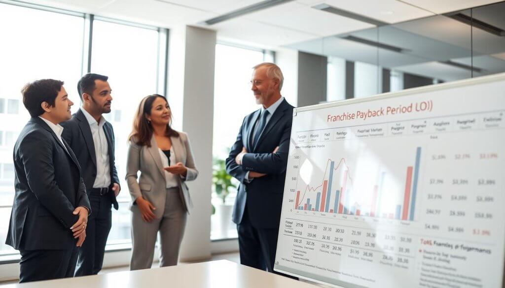 A professional office setting with a large whiteboard displaying a detailed chart illustrating the franchise payback period in the US market. In the foreground, a diverse group of four business professionals, two men and two women, are actively discussing and analyzing the chart. They are dressed in smart business attire, engaged in a productive conversation. In the middle ground, emphasize the whiteboard filled with graphs and financial figures showcasing ROI calculations and franchise performance metrics. In the background, a modern office with large windows allowing natural light to flood the space, creating a bright and optimistic atmosphere. The angle is slightly elevated, capturing both the professionals and the whiteboard in focus, conveying a sense of teamwork and strategic planning.