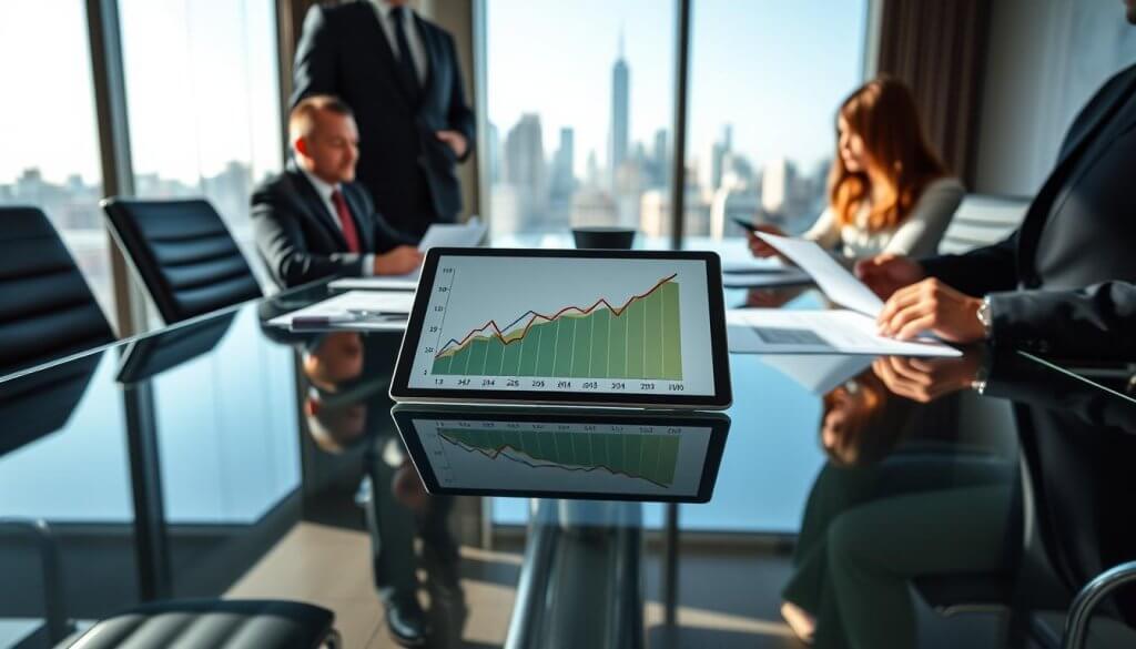 A professional office setting with a sleek glass conference table in the foreground, flanked by business professionals in smart attire, analyzing financial documents and charts. On the table, a digital tablet displays a clear, colorful graph illustrating debt service coverage ratios, with rising and falling lines to represent financial trends. In the middle ground, a large window lets in natural light, casting soft shadows, while a city skyline is visible in the background, symbolizing the dynamic business environment. The mood is focused and analytical, emphasizing the seriousness of financial evaluation. The composition should utilize a wide-angle lens to capture both the detail of the professionals and the expansive cityscape outside, conveying a sense of opportunity and potential.