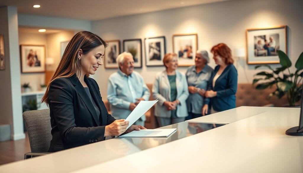 A professional senior care franchise office setting, featuring a warm and welcoming atmosphere. In the foreground, a well-dressed businesswoman in professional attire reviews client documents at a sleek, modern desk. In the middle, two elderly clients are engaged in a friendly conversation with a caring, well-groomed caregiver, showcasing the compassionate services offered. In the background, there are soft-lit rooms with comfortable seating, framed pictures of happy clients and caregivers, and greenery adding a touch of life to the space. The lighting is soft and inviting, creating a sense of trust and comfort. The scene is captured from a slightly elevated angle, enhancing the depth and relationship between the characters. The overall mood is supportive, reassuring, and focused on community.