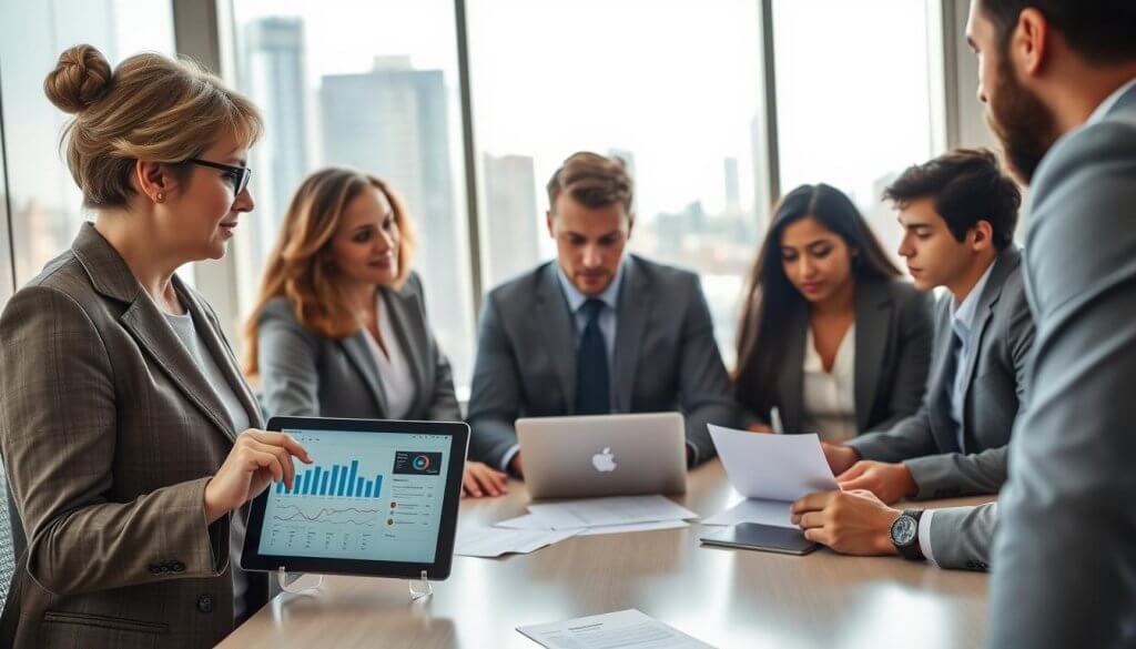 A professional setting featuring a diverse group of businesspeople in formal attire gathered around a modern conference table, engaged in a discussion about IRS compliance. In the foreground, a focused middle-aged woman points at a digital tablet displaying charts and compliance guidelines. The middle section features a young man taking notes, surrounded by paperwork and a laptop, signifying careful planning. The background includes a large window with city skyline views, symbolizing a bustling business environment. The lighting is bright and natural, creating an atmosphere of seriousness and collaboration. The angle captures the intensity of the discussion while ensuring everyone is portrayed in a respectful and professional manner. A professional setting featuring a diverse group of businesspeople in formal attire gathered around a modern conference table, engaged in a discussion about IRS compliance. In the foreground, a focused middle-aged woman points at a digital tablet displaying charts and compliance guidelines. The middle section features a young man taking notes, surrounded by paperwork and a laptop, signifying careful planning. The background includes a large window with city skyline views, symbolizing a bustling business environment. The lighting is bright and natural, creating an atmosphere of seriousness and collaboration. The angle captures the intensity of the discussion while ensuring everyone is portrayed in a respectful and professional manner.
