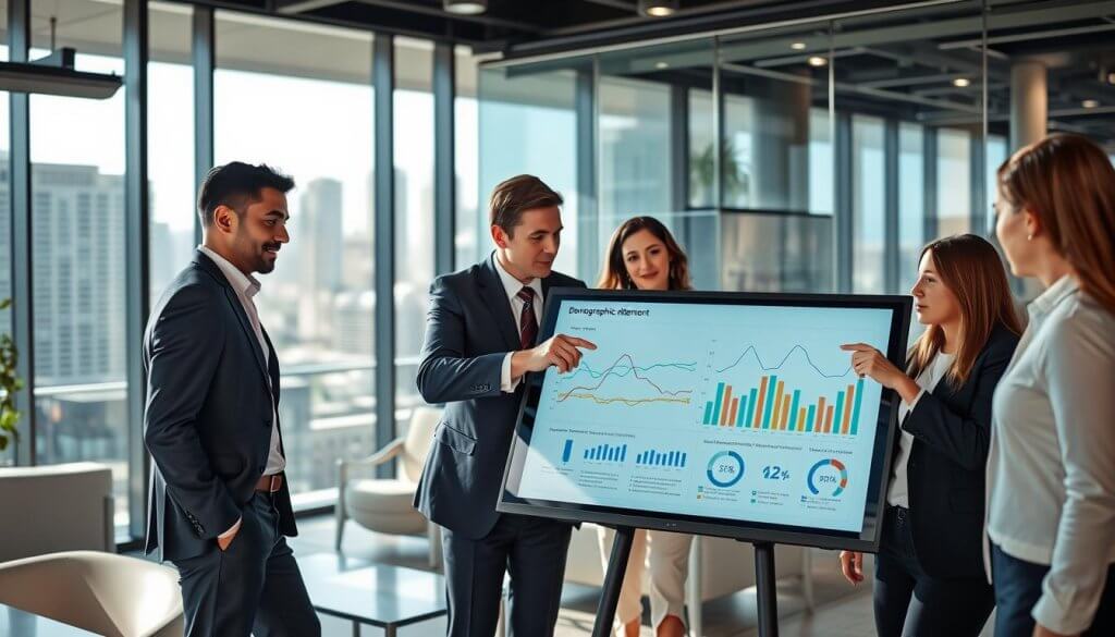 A professional setting illustrating demographic alignment, featuring a diverse group of business individuals in professional attire discussing charts and data on a large touchscreen. In the foreground, two analysts, one male and one female, examine demographic graphs while pointing at trends. The middle ground shows a modern office space filled with sleek furniture and transparent glass walls, allowing natural light to flood in, creating an open, inviting atmosphere. In the background, a city skyline is visible through the glass, symbolizing urban demographics. The lighting is bright and vibrant, enhancing the focus on the data display. The mood is analytical and collaborative, emphasizing teamwork and informed decision-making in franchise site selection. A professional setting illustrating demographic alignment, featuring a diverse group of business individuals in professional attire discussing charts and data on a large touchscreen. In the foreground, two analysts, one male and one female, examine demographic graphs while pointing at trends. The middle ground shows a modern office space filled with sleek furniture and transparent glass walls, allowing natural light to flood in, creating an open, inviting atmosphere. In the background, a city skyline is visible through the glass, symbolizing urban demographics. The lighting is bright and vibrant, enhancing the focus on the data display. The mood is analytical and collaborative, emphasizing teamwork and informed decision-making in franchise site selection.